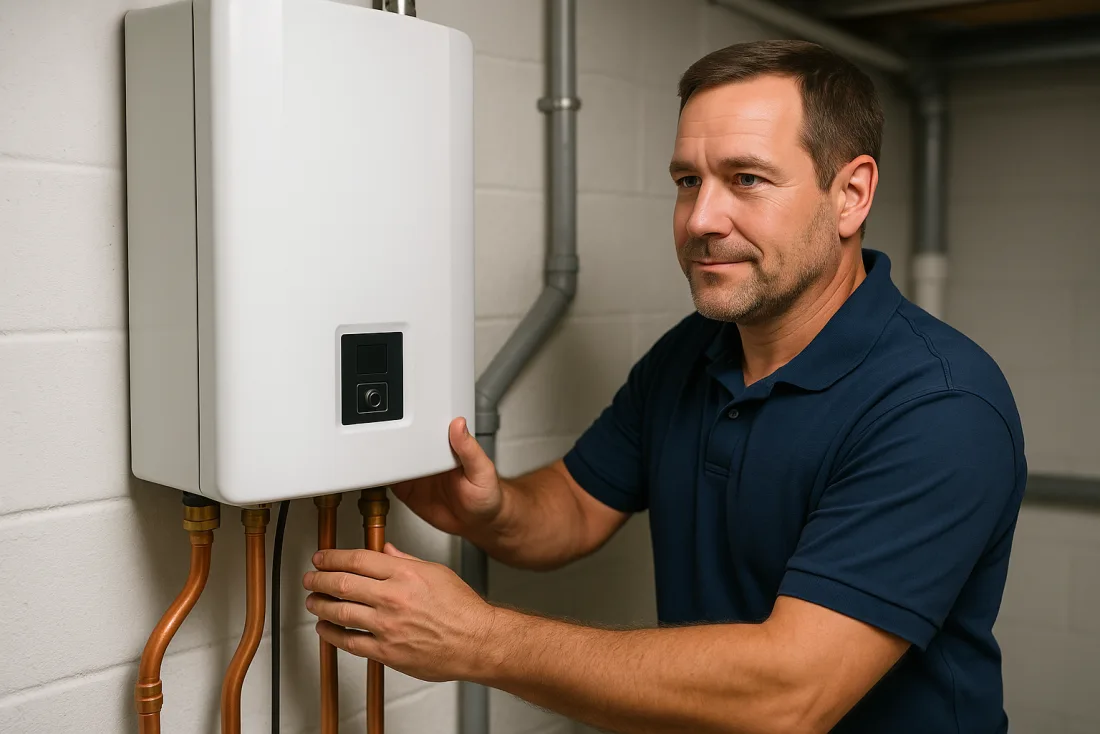 Plumber installing a tankless water heater with copper supply lines